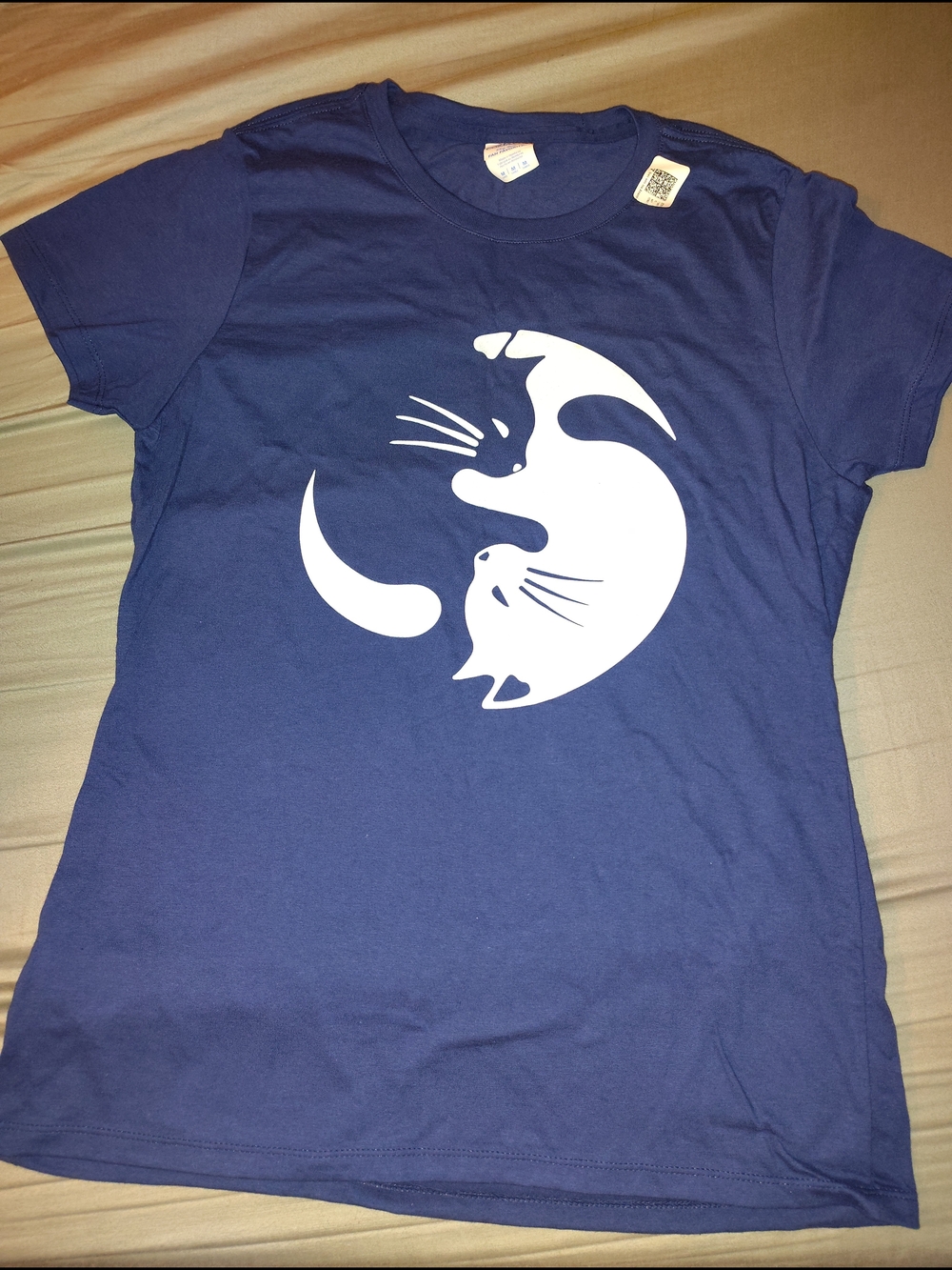 Navy Blue Tee with White Yin-Yang Cat Graphic